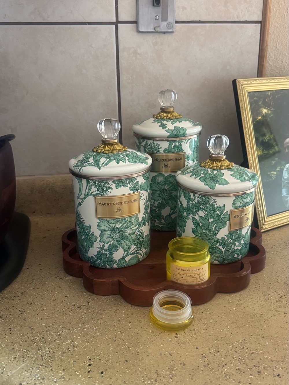 MacKenzie-Childs Green and Gold Botanical Ceramic Canister Set